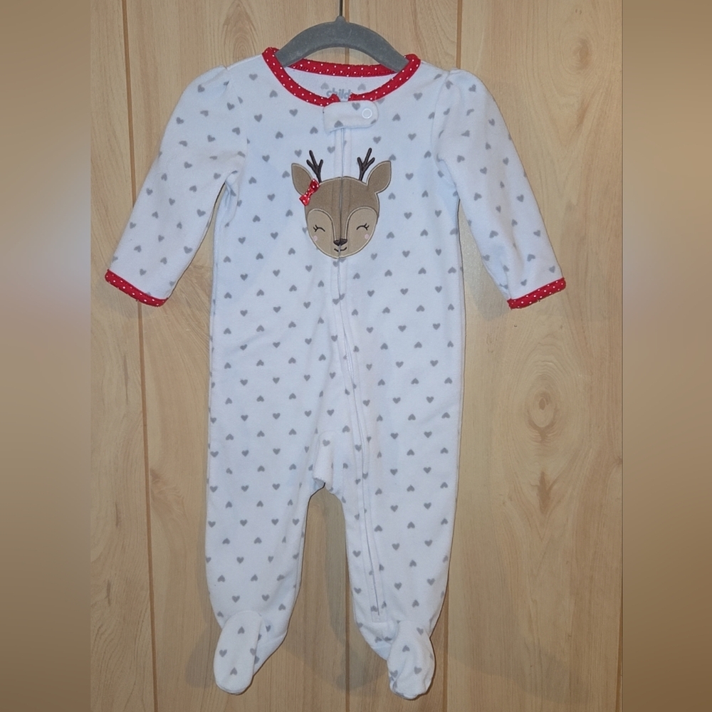 Christmad Reindeer Heart Fleece Zip Up Sleeper Infant Girl Size 3-6 Months